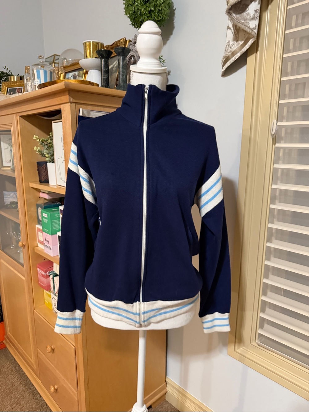 Vintage Wilson Navy Zip-Up Track Jacket with Light Blue Stripes Size Large